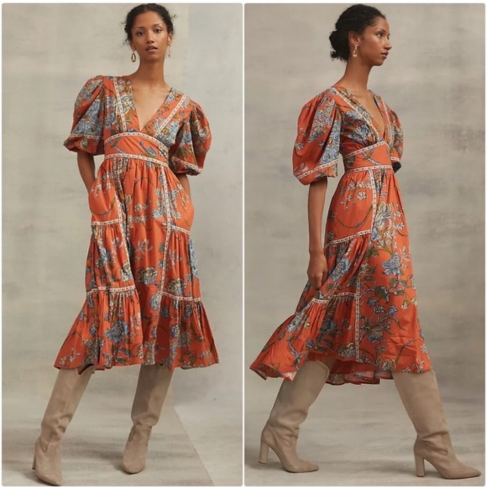 Anthropologie Orange Floral Midi Dress